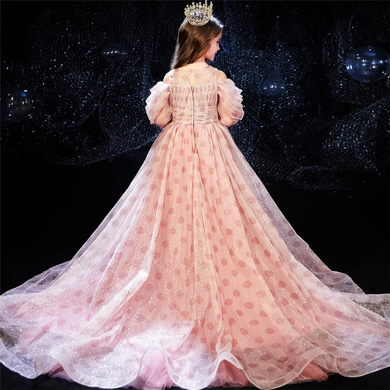 

2019Fashion Korean Sweet Kids Children Luxury Model Shows Performance Host Piano Long Tail Dress Girls Birthday Party Prom Dress