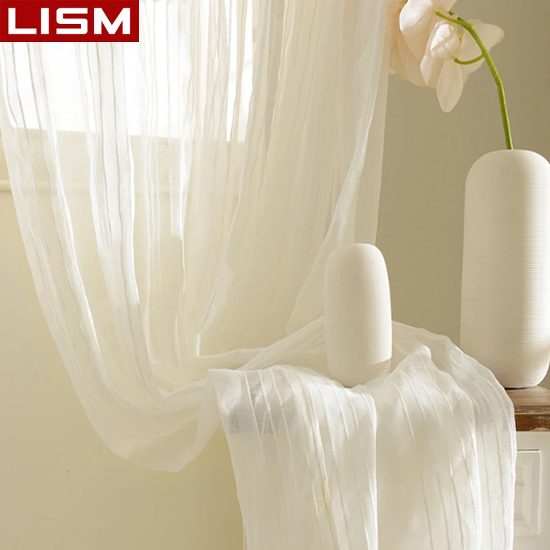 

LISM White Striped Tulle Curtains Windows Living Room Jacquard Linen Sheer Curtain Bedroom Home Decoration Kitchen Voile Drapes