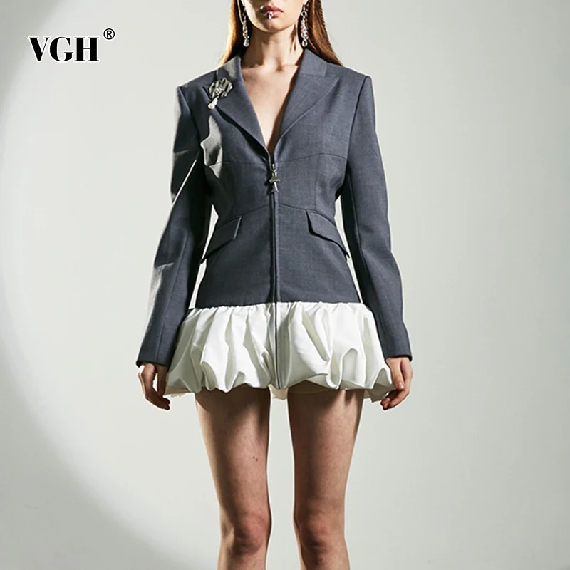 

VGH Gray Patchwork Crinkle Mini Dress Female Notched Long Sleeve High Waist Slim Korean Fashion Dresses For Women 2021 Style New