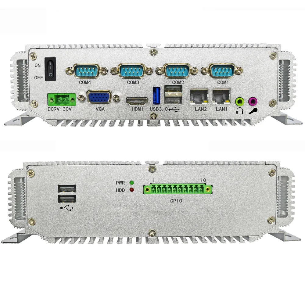 

Мини-ПК без вентилятора, четырехъядерный процессор J1900 Dual LAN COM промышленный компьютер 2 RJ45 4 * RS232 Gigabit Ethernet Wi-Fi USB