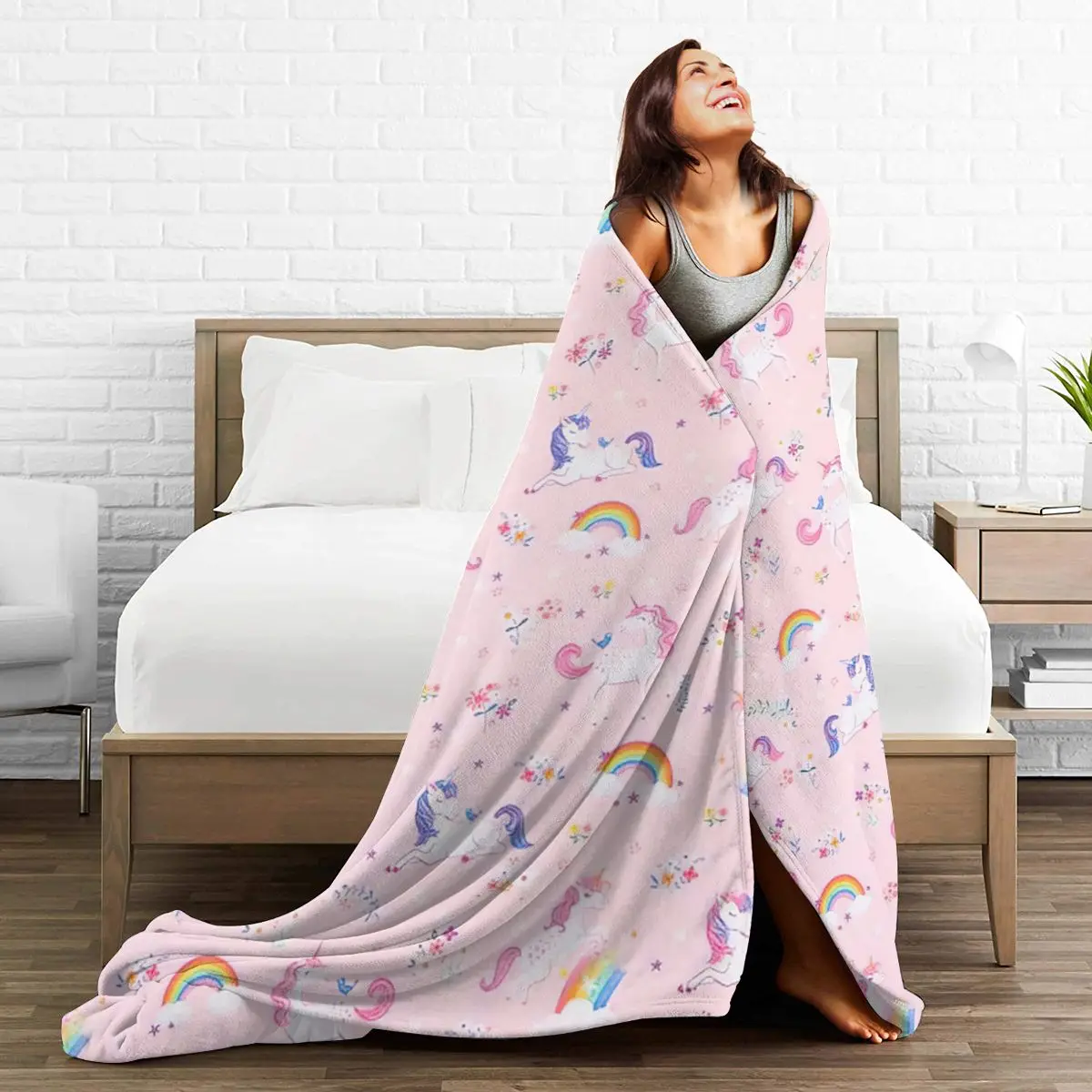 

Pink unicorns 3D Cartoon Sherpa Blanket Warm Super Soft Flannel Office Nap Bedspread Sofa Bedding Plush Quilt Plaids