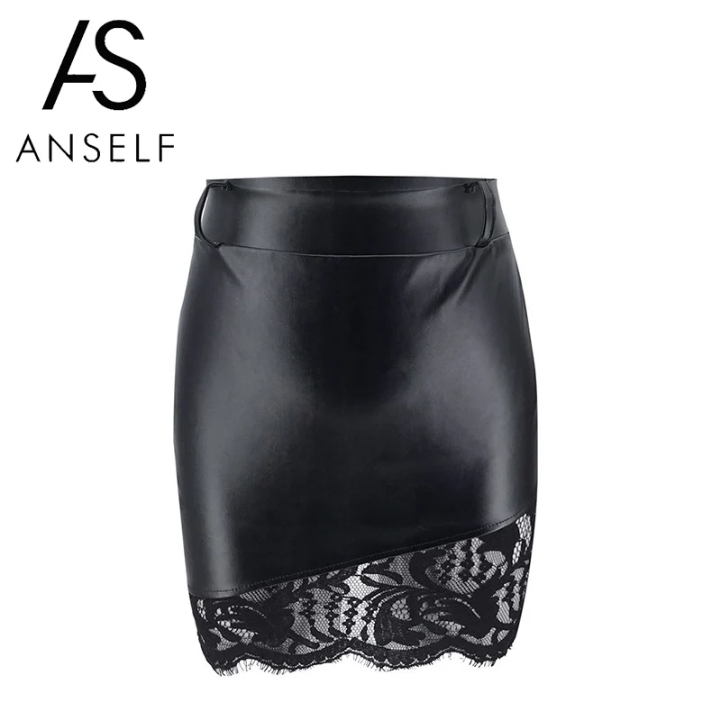 Черная кружевная юбка Женская облегающая из искусственной кожи с высокой талией