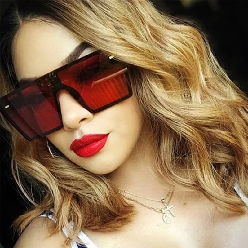 2021 Oversized Square Sunglasses Women Luxury Brand Fashion Flat Top Red Black Clear Lens One Piece 