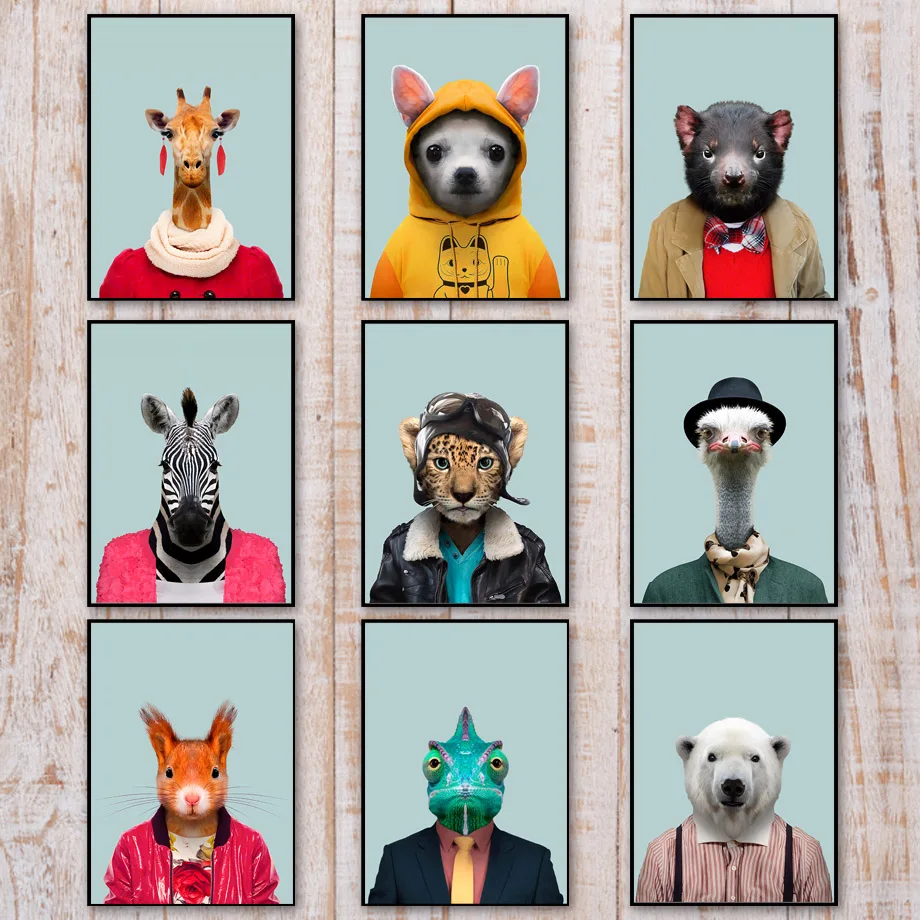 

Fashion Animal Posters And Print Bear Dog Tiger Zebra Monkey Art Canvas Painting Wall Pictures Aesthetic Room Decor