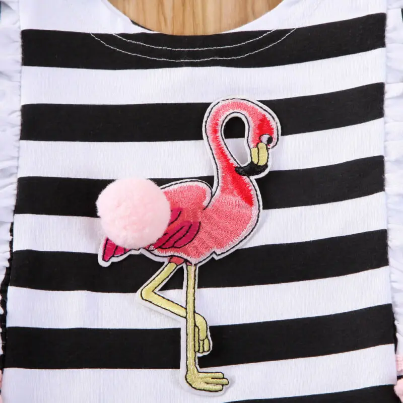 Cute Summer Baby Kids Girl Flamingo Print Stripe T shirt Tops+Shorts Pants 2PCS Outfit Clothes Set | Детская одежда и обувь