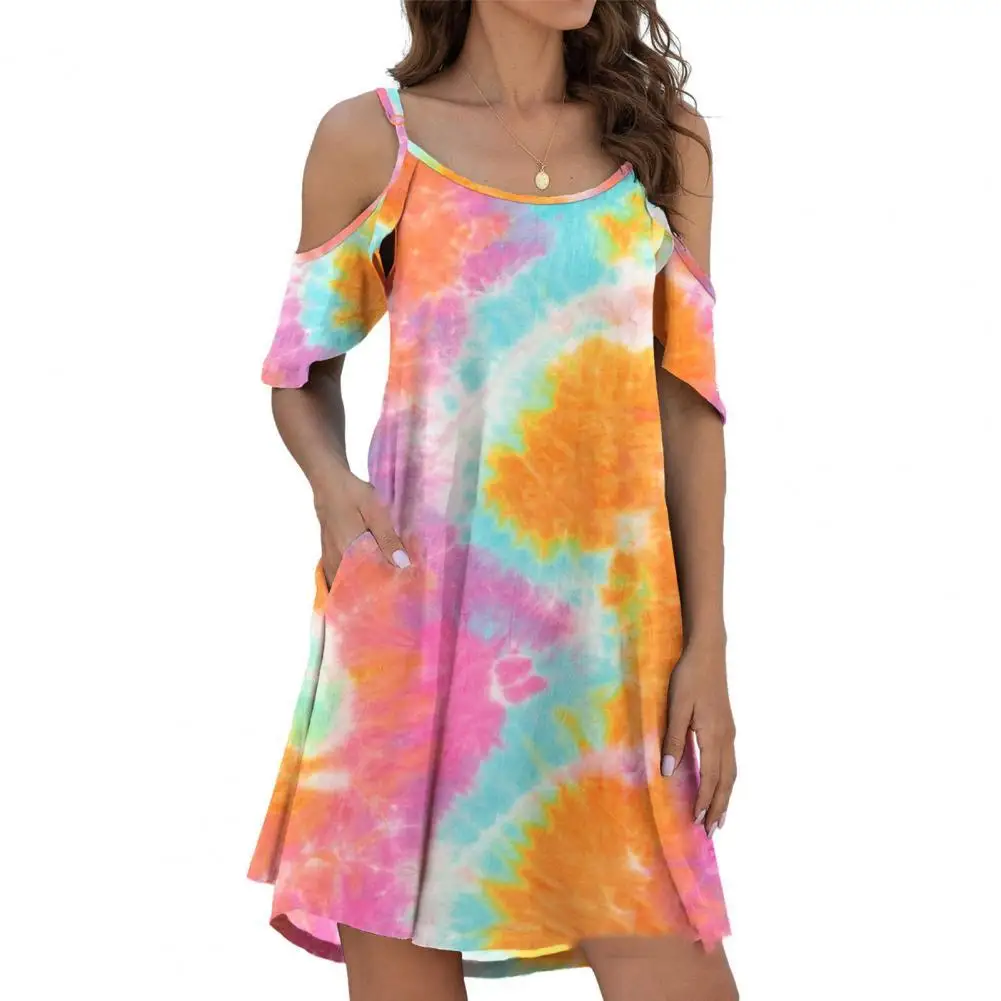 

Женское летнее Платье Tie Dye с карманами, богемное мини-Платье с открытыми плечами, повседневный свободный пляжный Сарафан