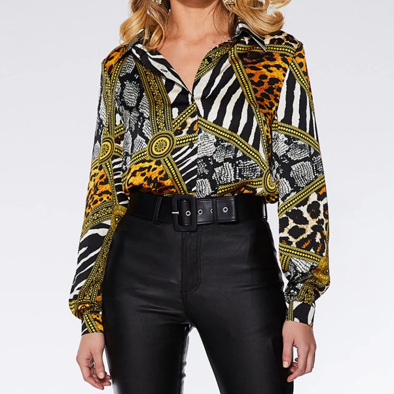 

Lapel printed casual loose long-sleeved shirt