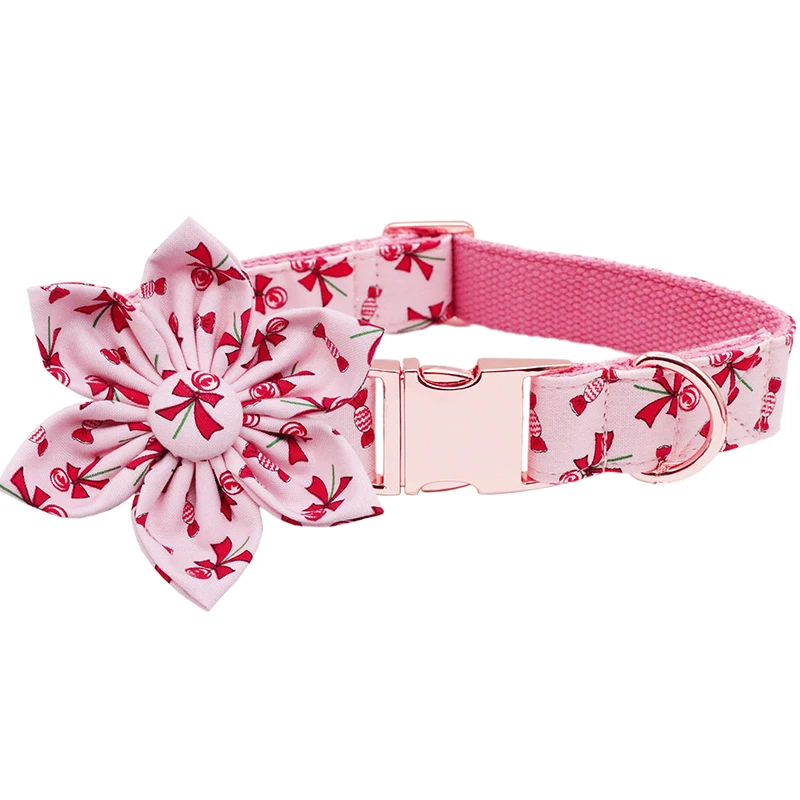 

Unique Style Paws Christmas Dog Collar with Flower Pink Candy Cotton Pet Collar for Large Medium Small Dogs