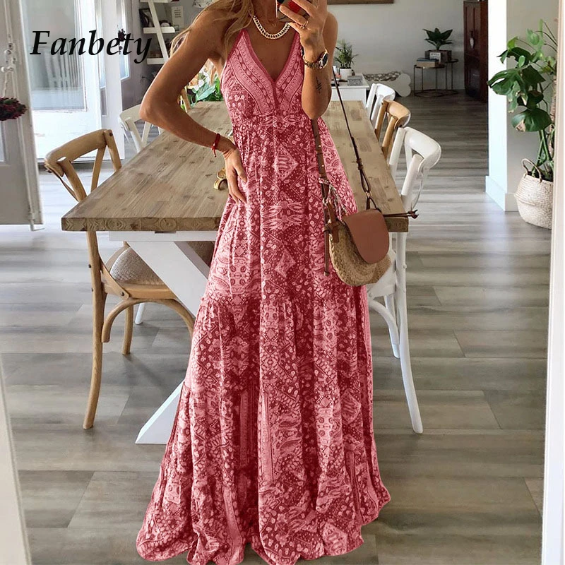 

Summer Sexy Sling Vintage Chic Print Long Dress Casual Lace-Up Beach Maxi Party Dress Women Elegant V Neck Sleeveless Boho Dress