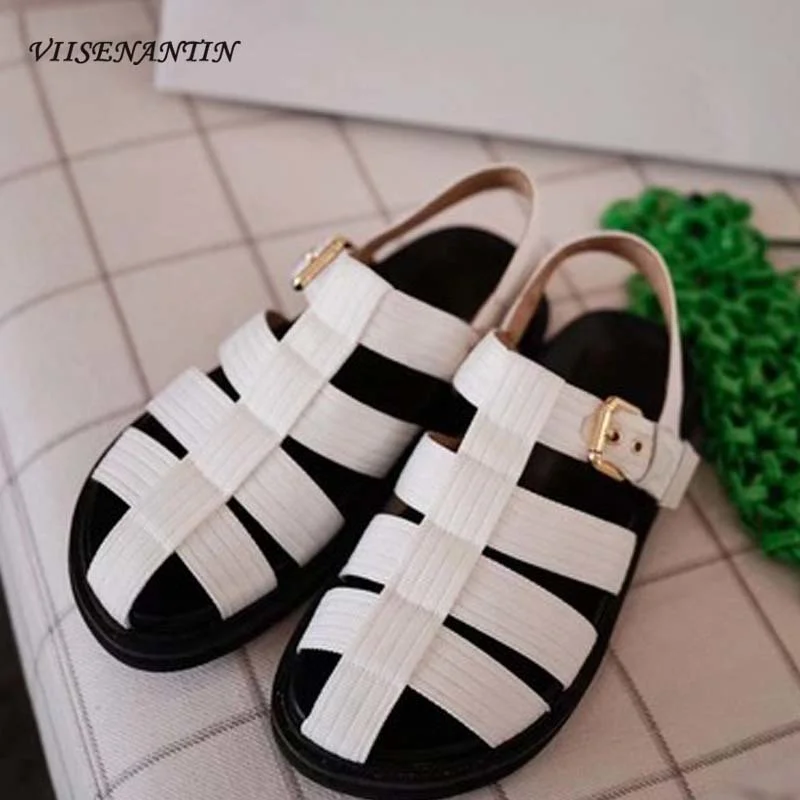 

Leather Canvas Toe Cap Low-heeled Summer Women's Sandals New Fashion Word Metal Buckle Flat-bottomed Retro Roman Shoes