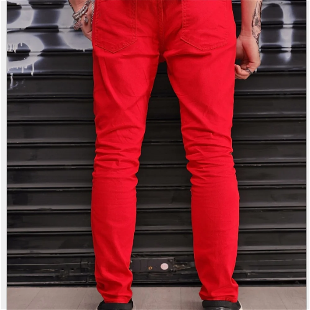 EH · MD®Мужские поцарапанный деним брюки модный тренд, с помощью застежки-молнии с карманами 2020 красный Узкие повседневные джинсы прилива от AliExpress WW