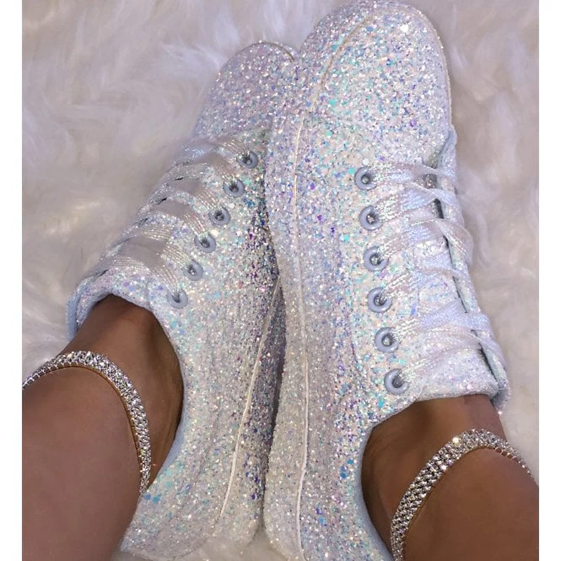 

Spring Autumn Women Sneaker Black Platform Shoes Fashion Casual Breathable Crystal Bling Lace Up Sport Shoes Sequins