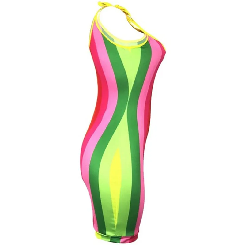 Casual Mini Dress For Femme Women Sexy Spaghetti Strap Tight Dresses Fashion Off Shoulder Rainbow Stripe Printed | Женская одежда