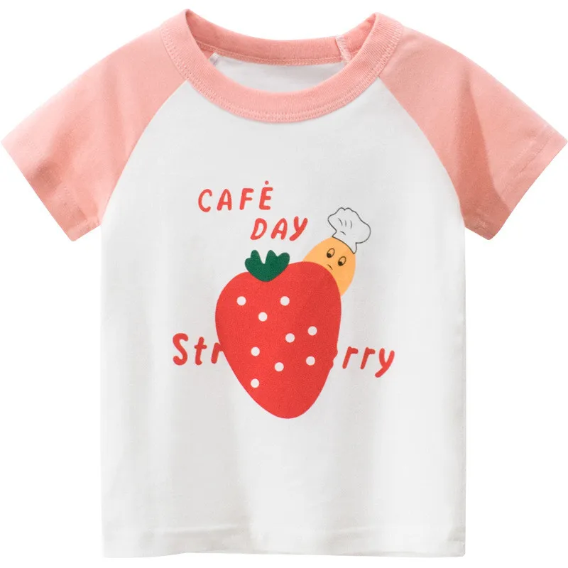 

Cotton Summer Baby girl clothes T-Shirt Children soft Breathable Stitching sleeve Cartoon Strawberry leisure top kids Clothing