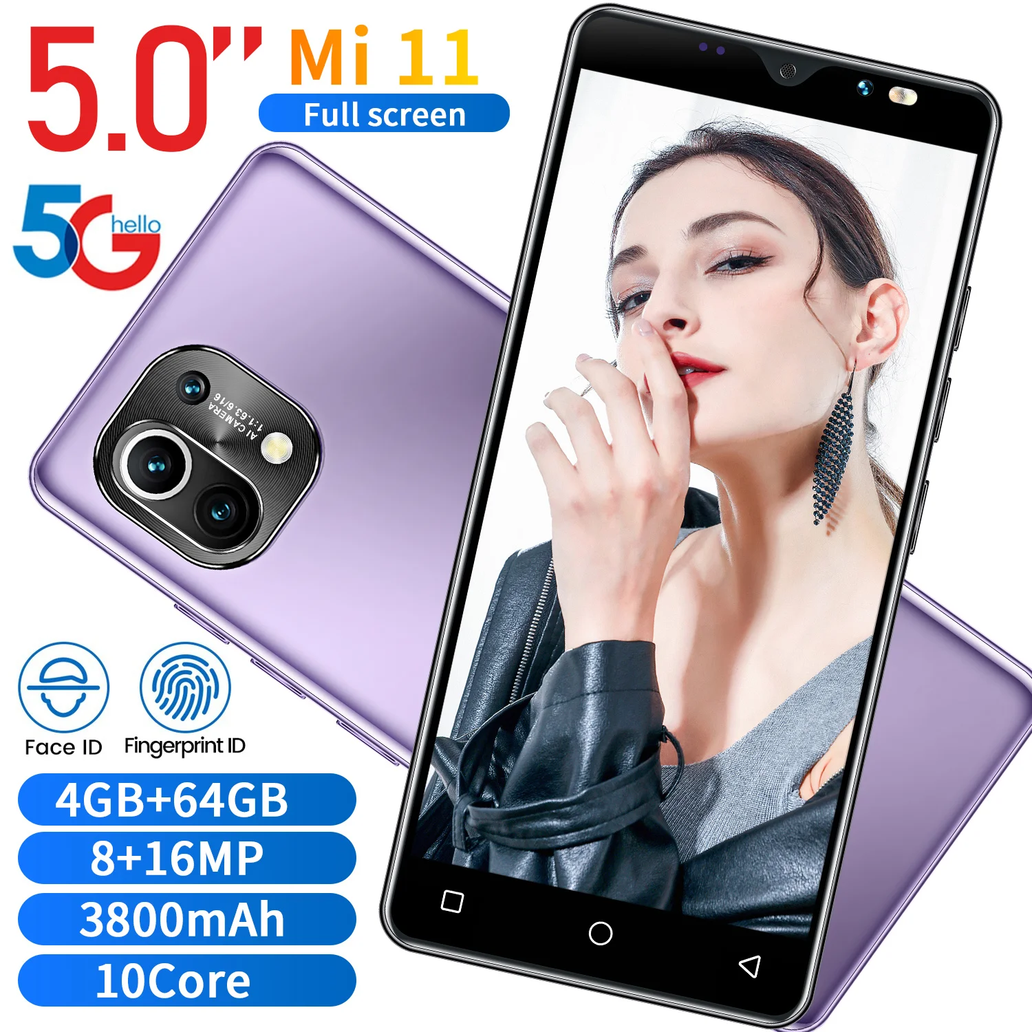 

Latest Mi11 5.0 inch Full Screen 4+64GB Cheap smartphone 3800 mAh Android 10 Core 8+16MP HD Camera Face Fingerprint ID unlock