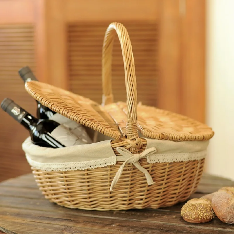 Плетеная корзина ручной работы из ротанга с ручкой и двойной крышкой контейнером