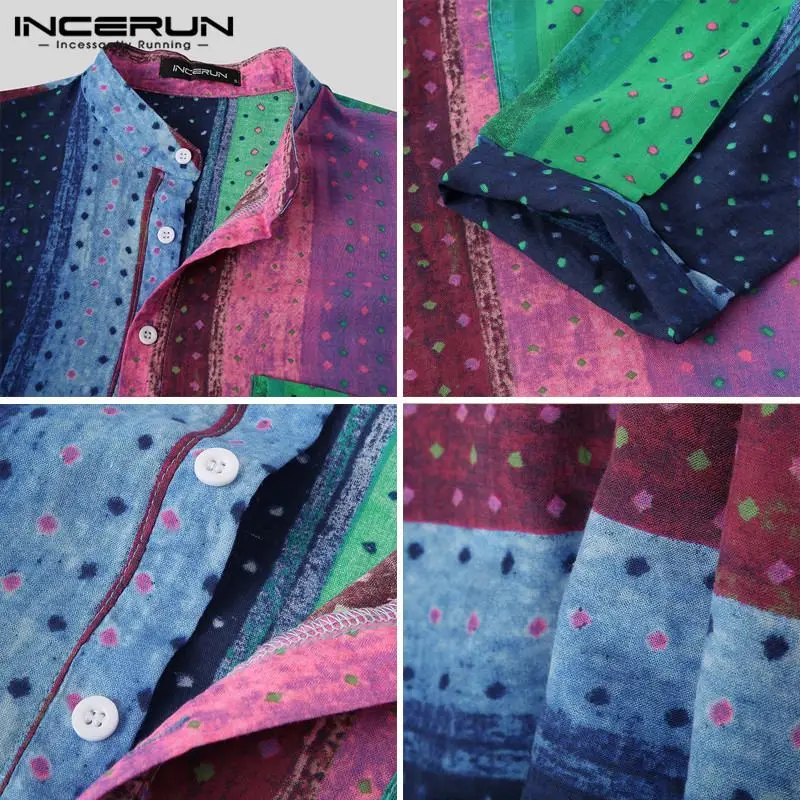 

Cotton Men Robes Homewear Colorful Striped Polka Dot Long Sleeve Sleepwear Stand Collar Cozy Leisure Men Nightgown INCERUN S-5XL