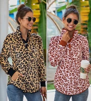 winter 2020 new stand neck button down casual leopard print sports shirt with pockets warm and loose hoodie womens street wear