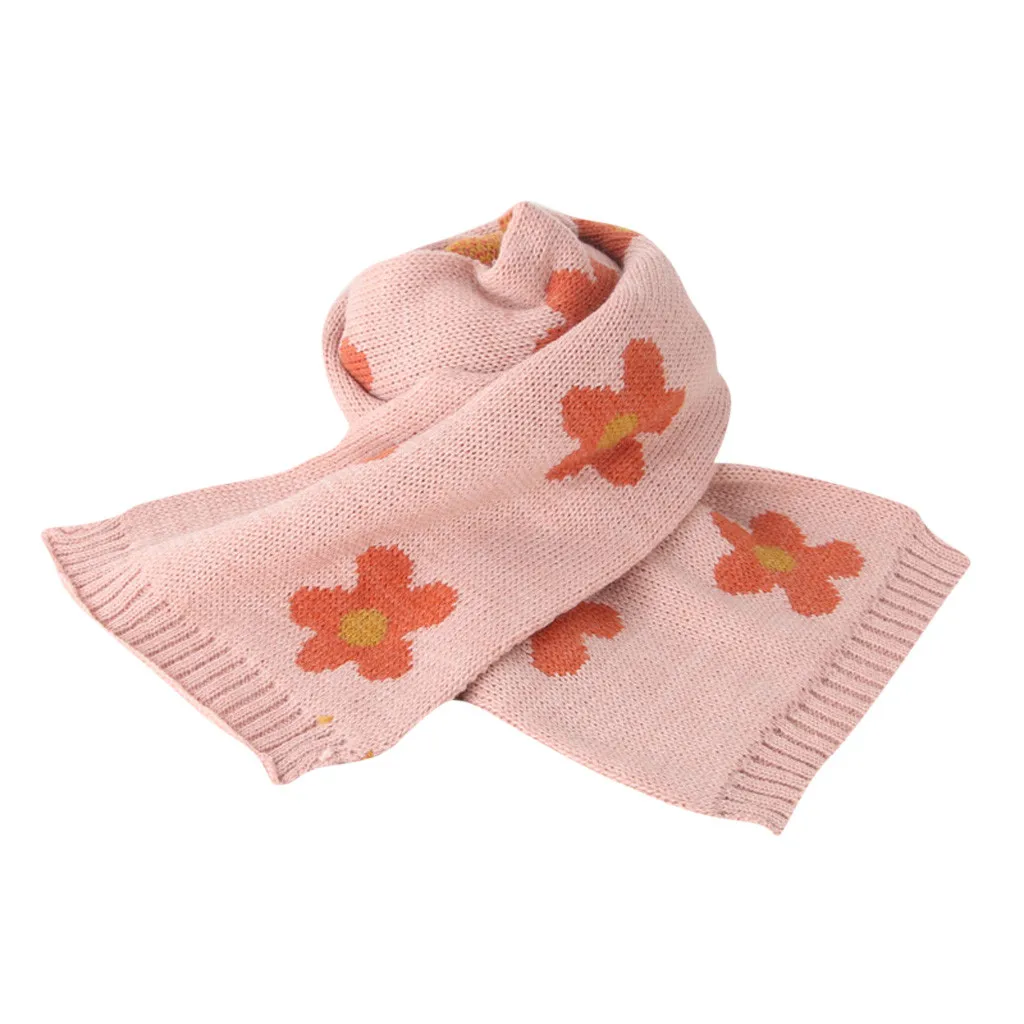 Вязаные Короткие розовые теплые детские шарфы с цветочным принтом шаль