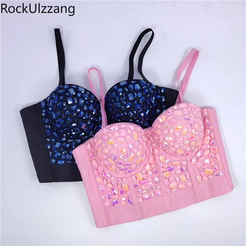 

Club Party Ballroom Stage Dance Pink Blue Acrylic Stones Fashion Strap Cami Bandage Push Up Bra Corset Crop Top Bustier Bralette