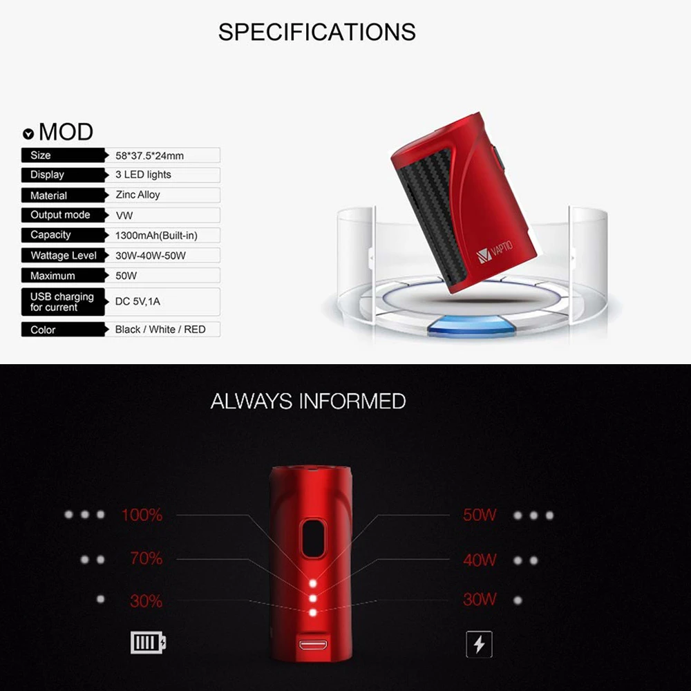 Электронная сигарета Vaptio P1 Mini Mod с баком 3 0 мл Gear 1 Pro 1300 мАч|Системы нагревания