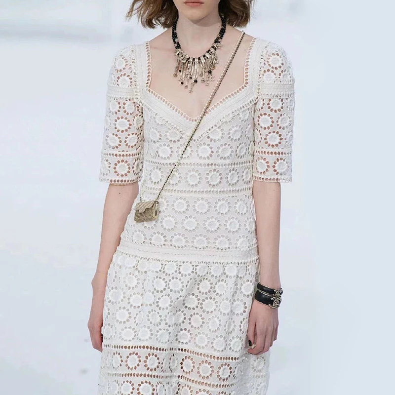 

SISPELL Hollow Out Dresses For Female Square Collar Short Sleeve High Waist Slimming Women's Vintage Dress Fashion Tide 2021