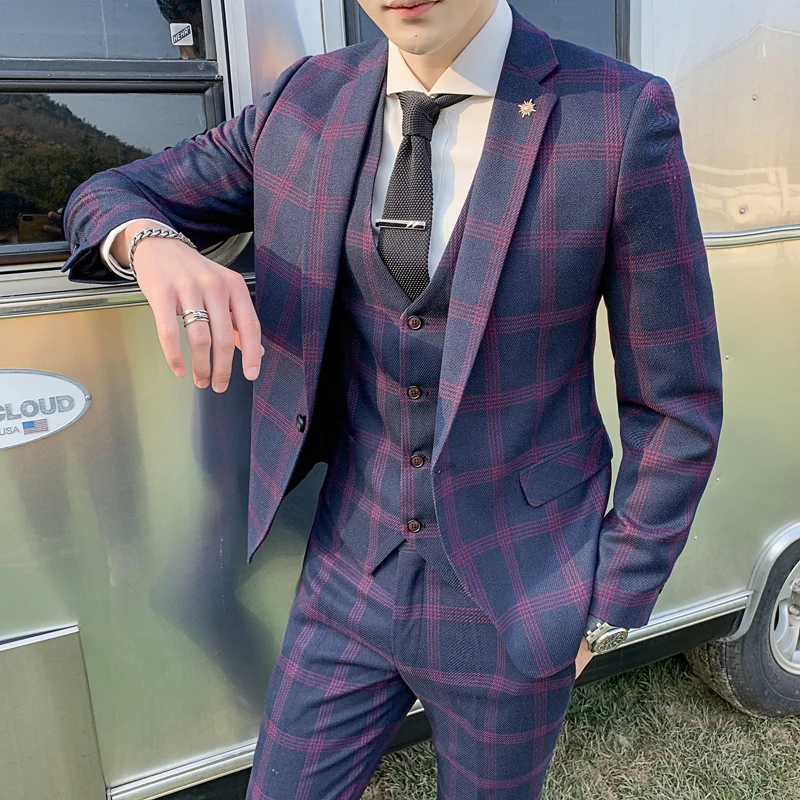 

Mens Suits 3 Pieces Spring Autumn Mens Plaid Slim Fit Business Formal Casual Check Suits Office Work Party Prom Wedding Groom
