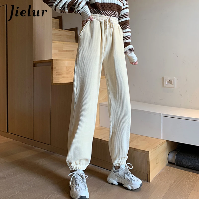 

Jielur Corduroy Trousers Women Drawstring Thick Harem Pants Casual Loose Female Apricot Gray Elastic Waist Sport Pants Winter