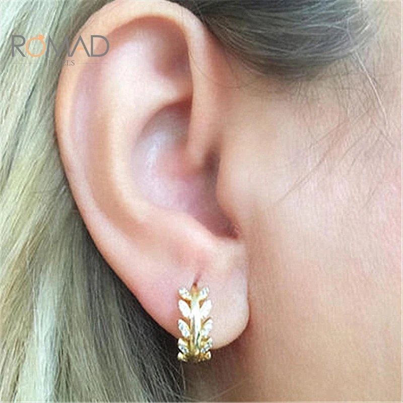 

ROMAD 925 Sterling Silver Leaves Full Zircon Hoop Earrings Female Fashion Jewelry Simple Gorgeous Gold Earrings Valentine Gift
