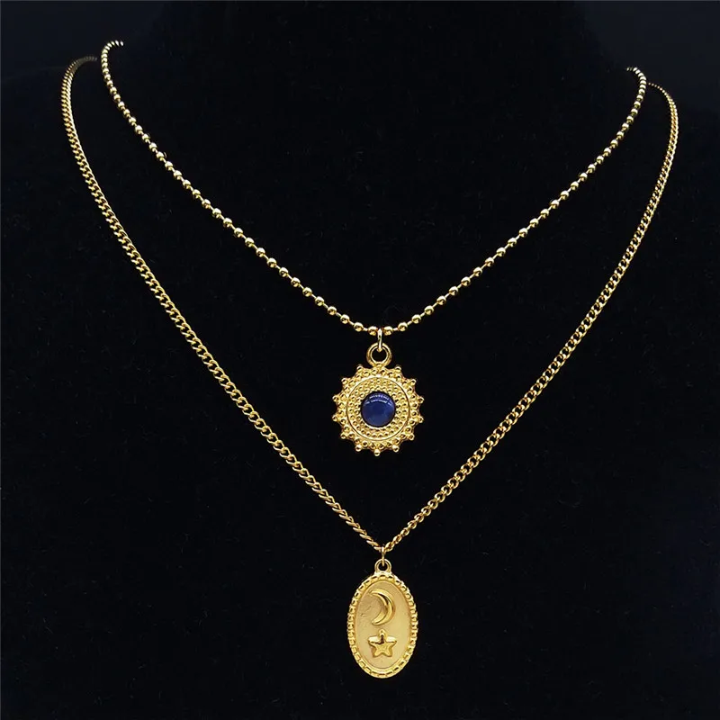 

Bohemia Stainless Steel Opal Sun Moon Star Necklace Gold Color Double Layer Chain Necklaces Astrology Jewelry chaine NY44S04
