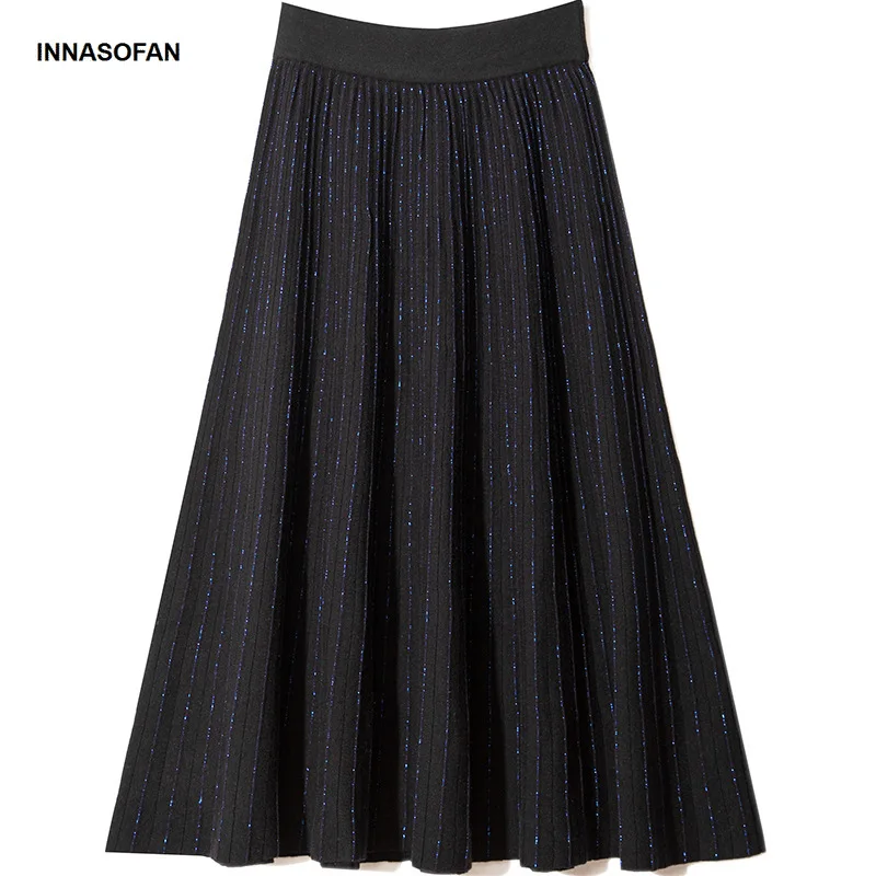 INNASOFAN женская трикотажная юбка Осень зима плиссированная блестящая с высокой