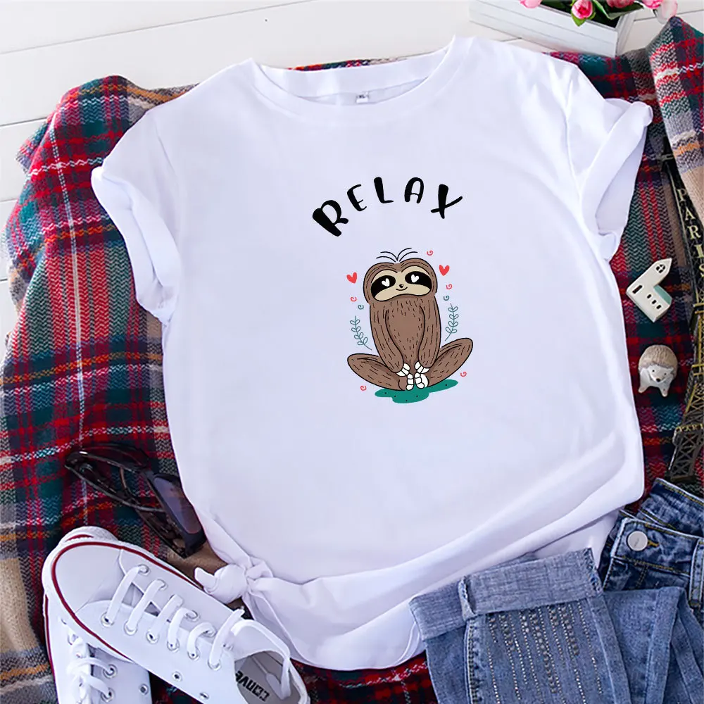 MK 100% Cotton RELAX Sloth Printed Short-Sleeved T-Shirt for Ladies Summer Tshirts Oversized S-XXL O-Neck Tops Tees | Женская одежда