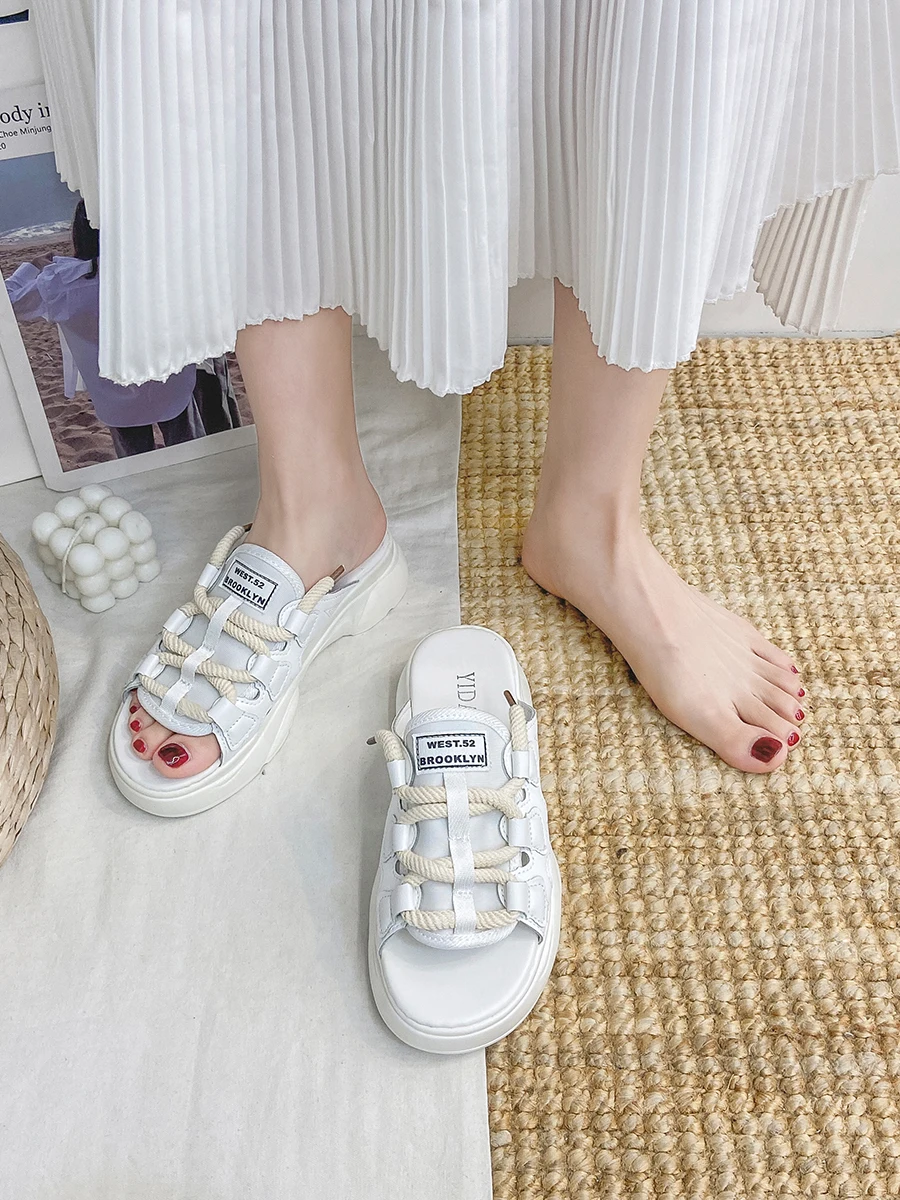 

Female Shoes Slippers Casual Slides Med Platform 2021 Luxury Soft Flat Summer Rubber Cross-tied Bonded Leather PU Slippers Women