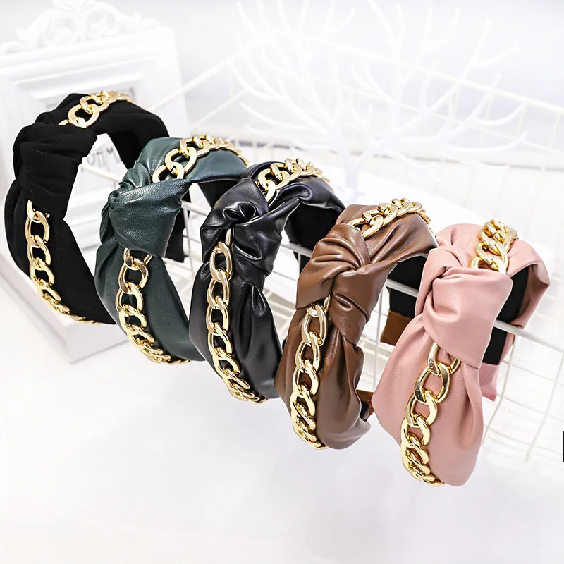 

Women Fashion PU Leather Metal Chain Hairband Female Solid Color PU Hair Hoop Face Wash Cross Turban Headbands Hair Accessories