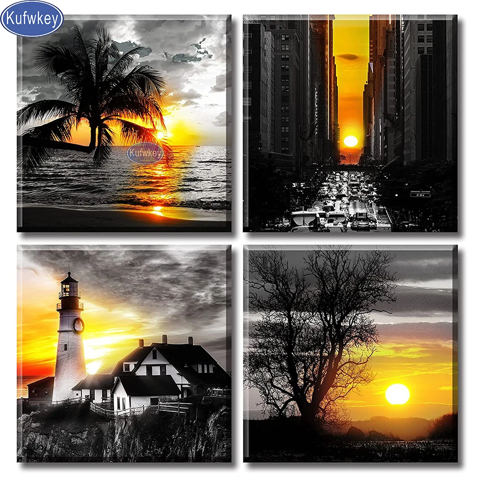 

Алмазная живопись, 4 шт., черно-белый закат маяков, природный пейзаж, современное домашнее искусство, украшение для спальни, домашняя живопис...