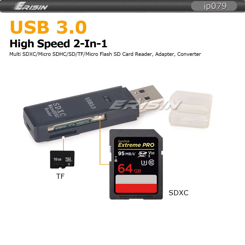 Устройство для чтения карт памяти 2 в 1 079UK до 128 ГБ USB 3 0 TF SD/Micro SD/SDHC/SDXC|Кабели