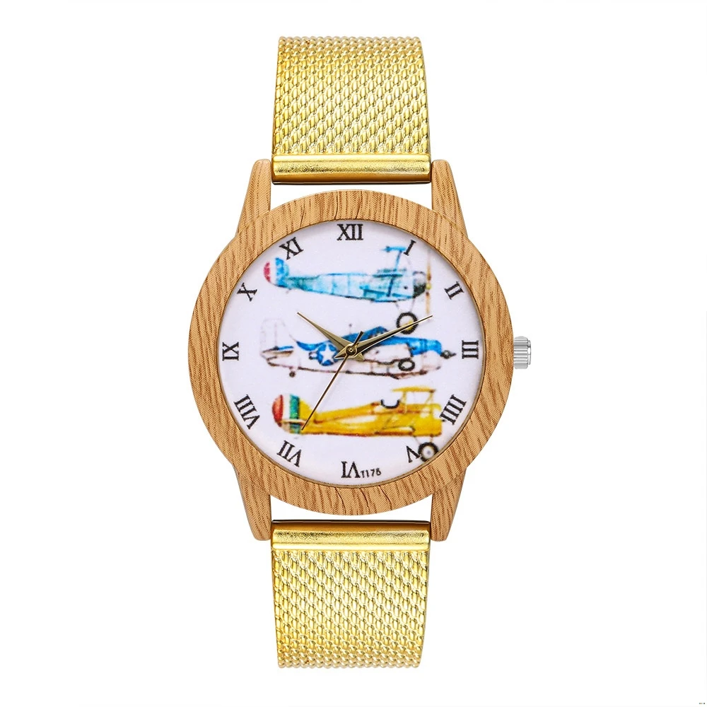 

Fashion Children Quartz Watch Girls Golden Silicone Strap Cartoon Aircraft Pattern Imitation Wood Alloy Dial Kids Watches Mens