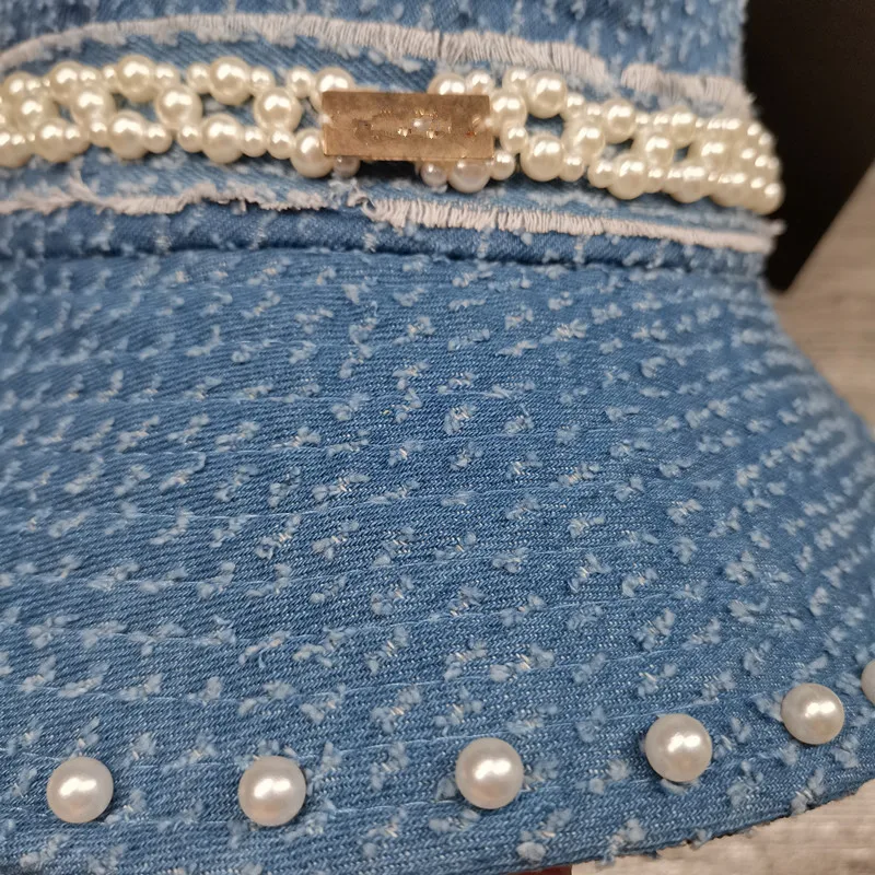 

Luxury Designer Denim Bucket Hat with Pearls for Women Fisherman Caps Jean Bob Cap Streetwear Sun Protection Panama Hats