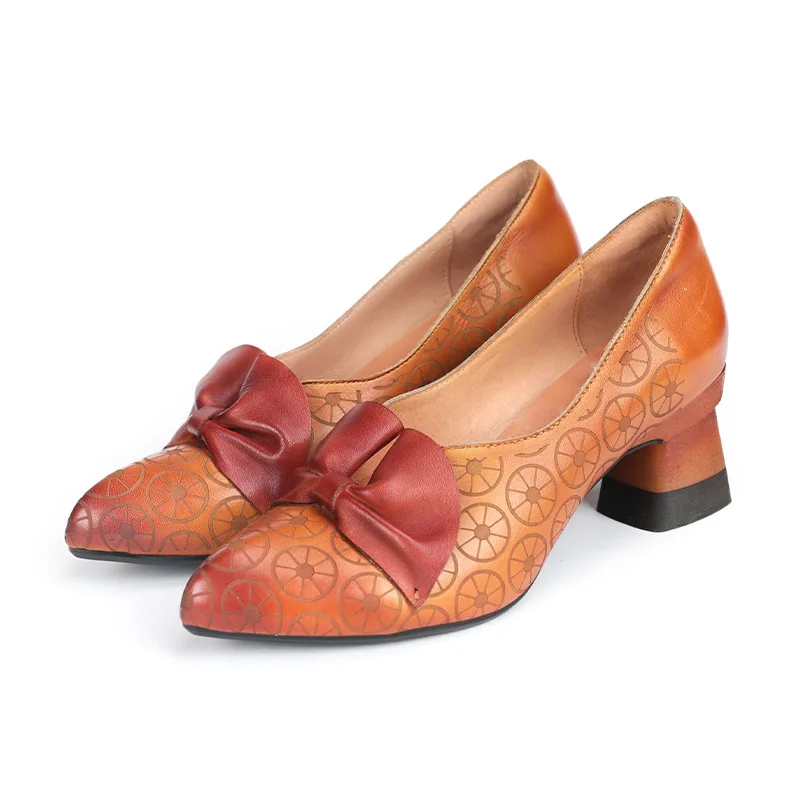 

Johnature Pumps Women Shoes Pointed Toe Genuine Leather 2021 New Retro Butterfly-knot High Heels Handmade Concise Ladies Shoes