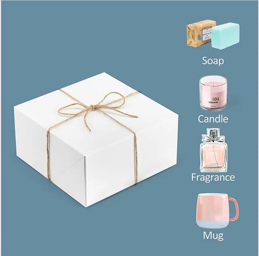 

25pcs 8''x8''x4'' White Brown Kraft Paper Box For Gift Packaging With Hemp Rope Carton With Cover Cardboard Storage Boxes