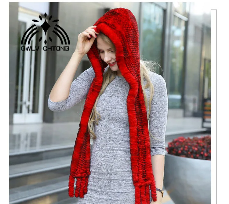 2019 New Knitted Real Rex Rabbit Fur Hat Hooded Scarf women fashion hand made Winter Warm Natural With Neck Scarves | Аксессуары для