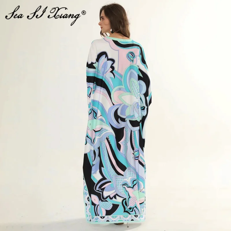 

Seasixiang Fashion Designer Spring Dress Women's Batwing Sleeve Vintage Floral Print Vacation Big pendulum Maxi Dresses