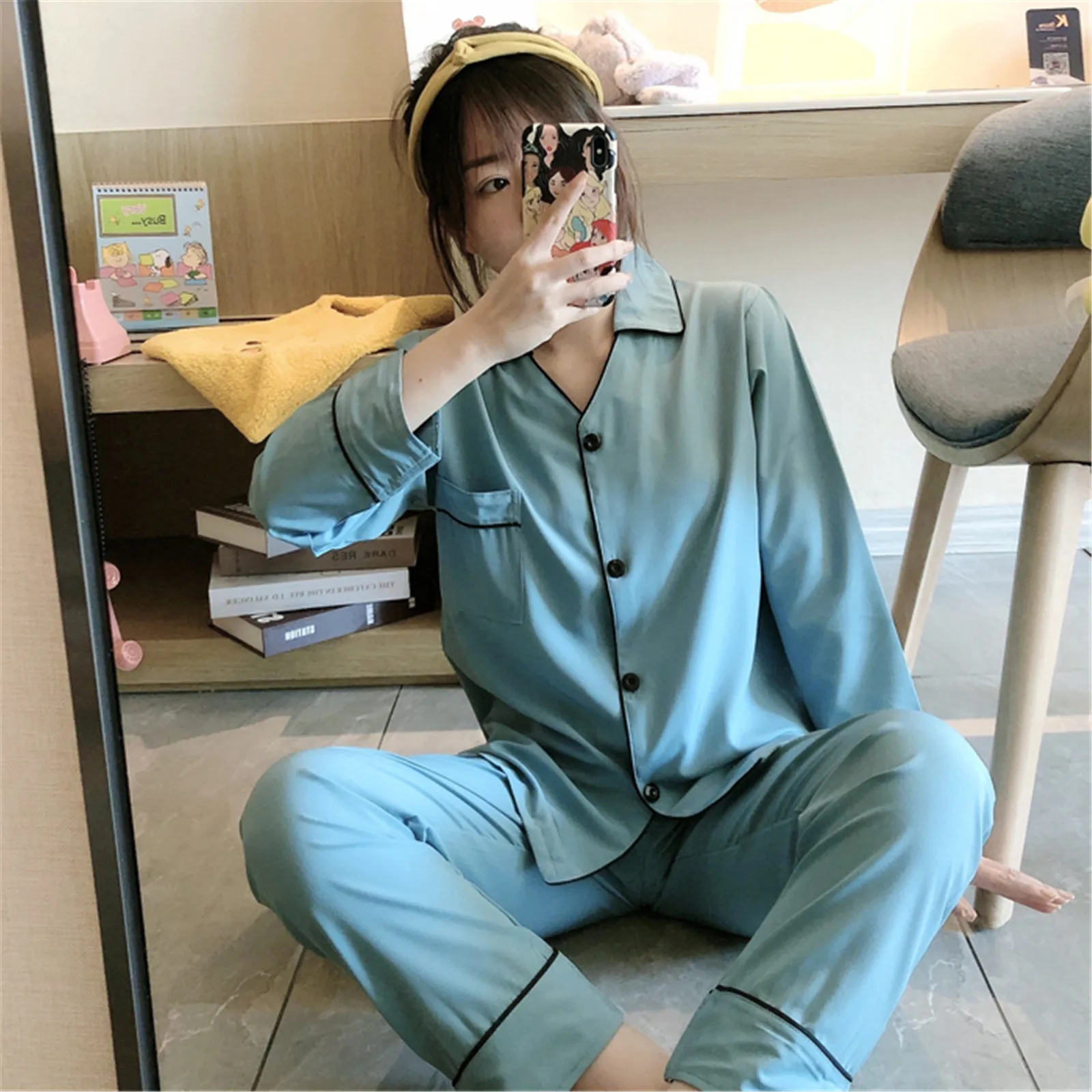 Foply Women Pajamas Pj Set Fashion White Shirts Pants Sets Elegant Homewear Turn-down Collar Long Sleeve Sleepwear Spring Autumn