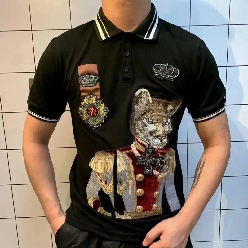 

European Station Summer Trend Personality polo Shirt Men's Short Sleeve Embroidered T-shirt Crown Half Sleeve Paul Lapel