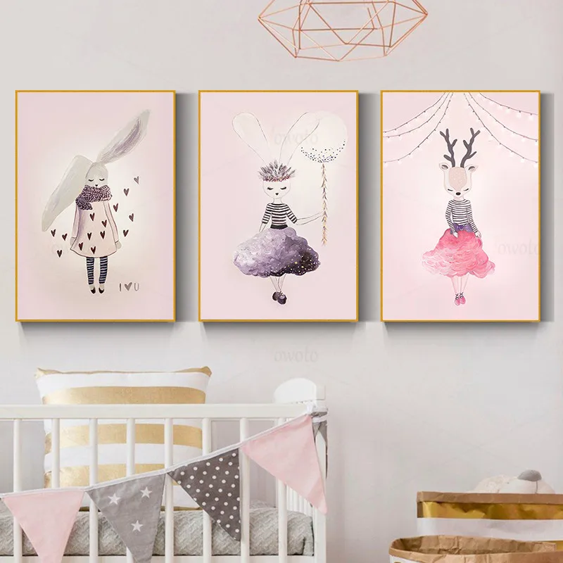 Розовый детский настенный художественный постер с кроликом и оленем для девочек