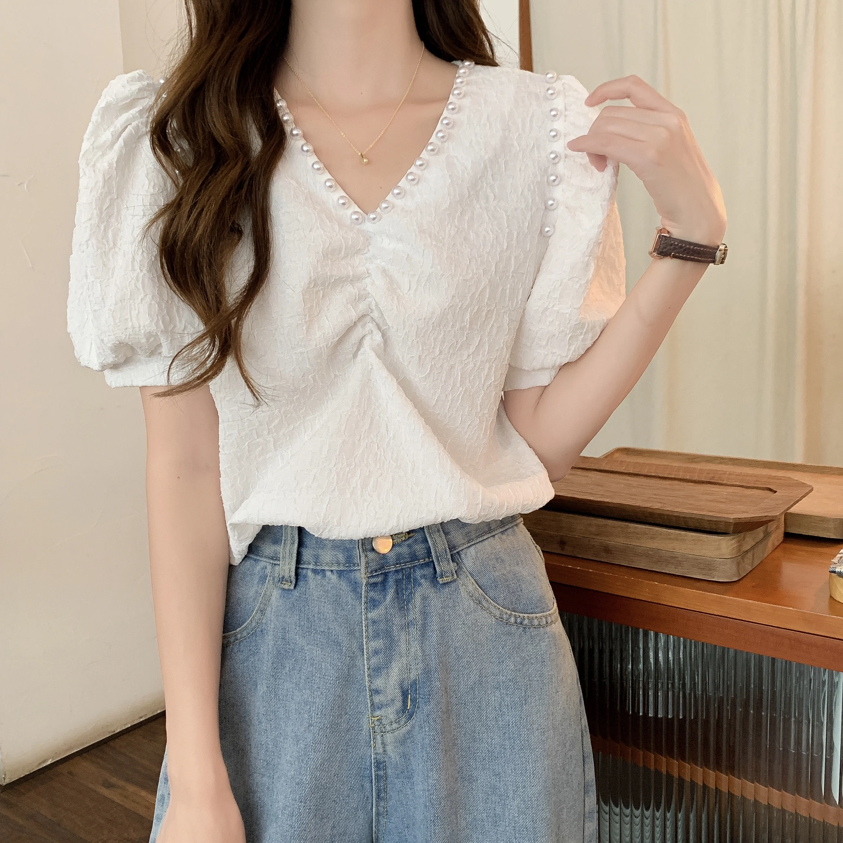 

Women Blouses V-neck Chiffon Puff Sleeve Summer Beading Pearls Sweet Girls Korean Princess Chic Ulzzang Solid Soft Fashion New