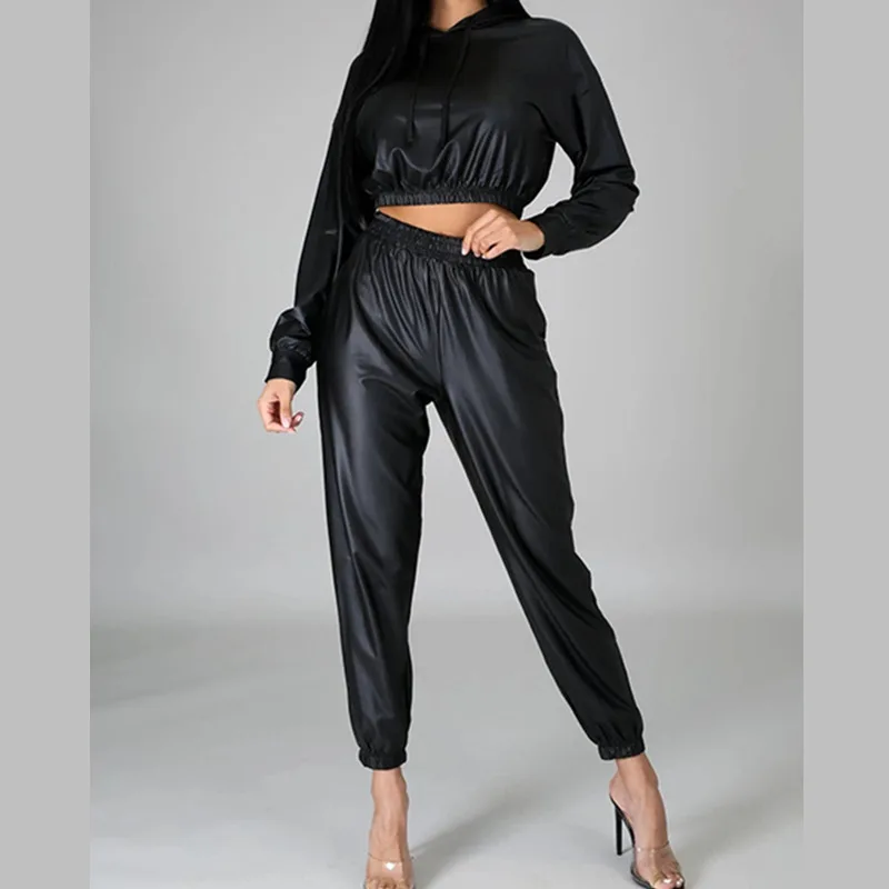 

Leather Two-Piece Suits Womens Clothing Casual Solid Color Artificial Leather Long-Sleeved Trousers Fashion Sexy Jumpsuit 2020