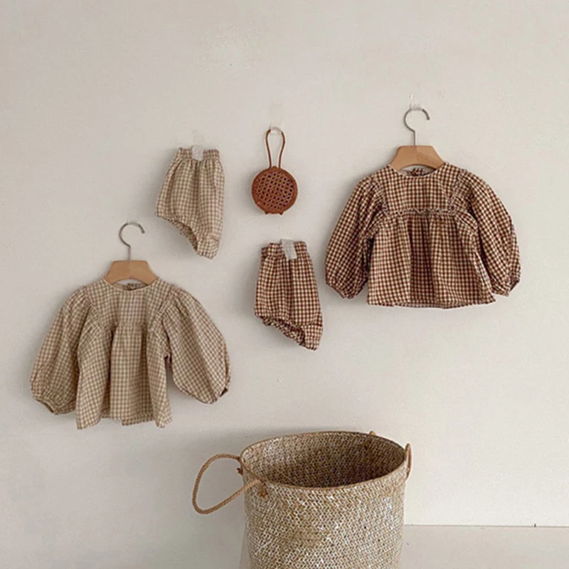 

Комплекты одежды в клетку для новорожденных девочек; Повседневные блузки для девочек; Топ и штаны; Одежда для маленьких девочек; Осенняя оде...