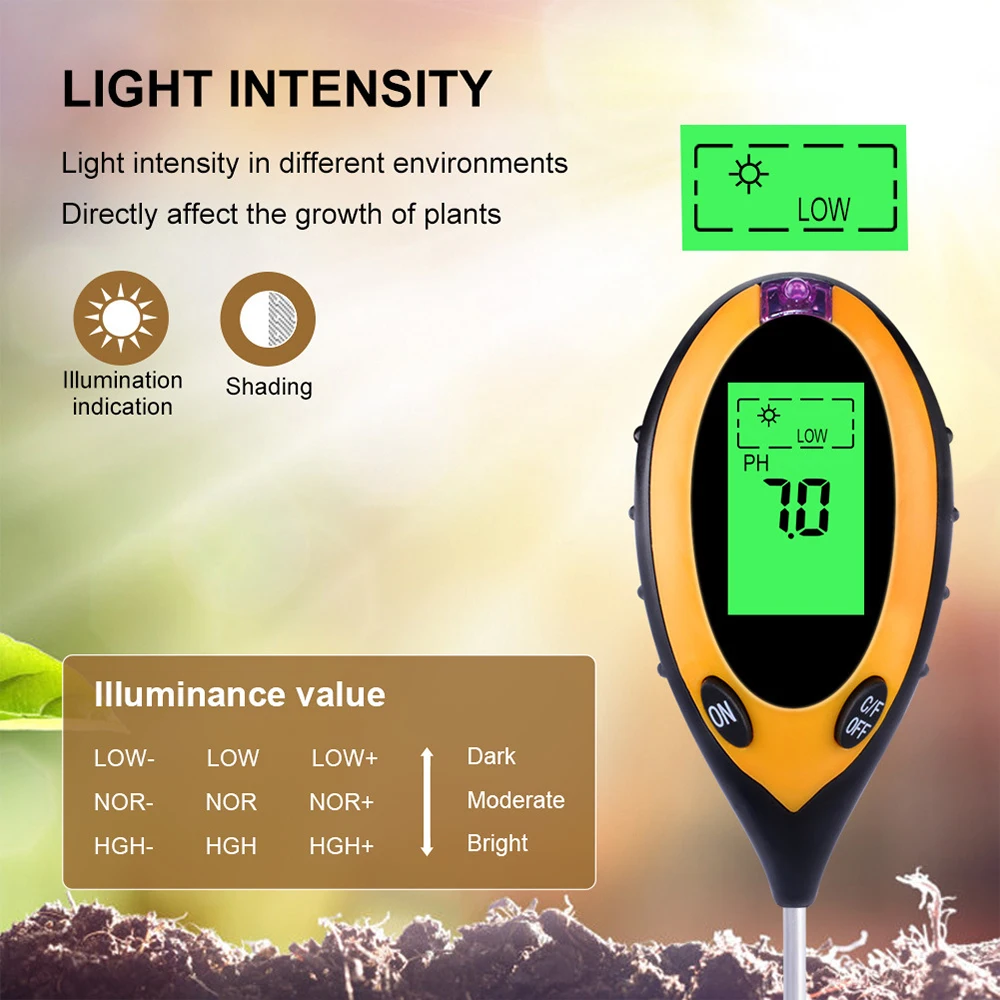 

4 in1 Plant Earth Soil PH Moisture Light Soil Meter Thermometer Temperature Tester Sunlight Tester For Gardening Farming