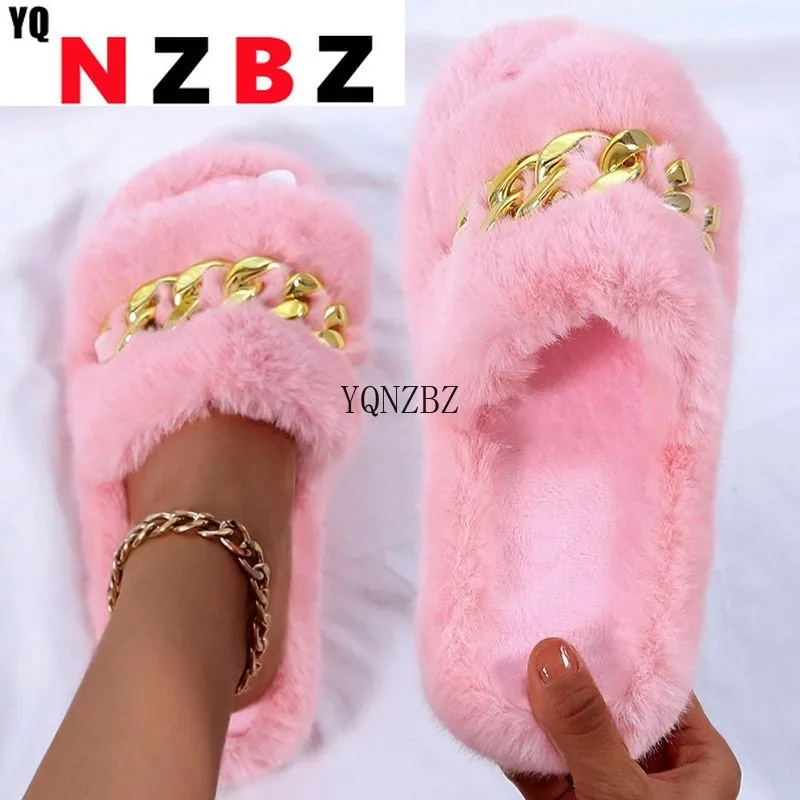 

Women's Slippers Soft Fluffy Plush Slippers Metal Decorative Flat Slippers Comfortable Casual Shoes Soft-soled Non-slip Slippers